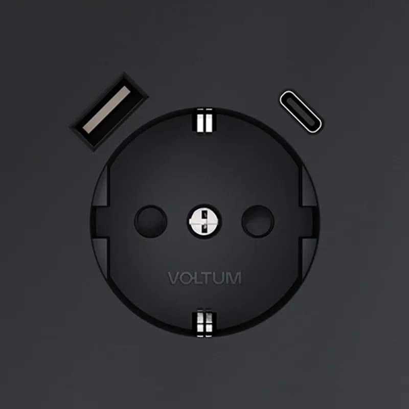 Розетка встраиваемая VOLTUM S70 с заземлением и защитными шторками, 16А, с USB, A+С, (графит)