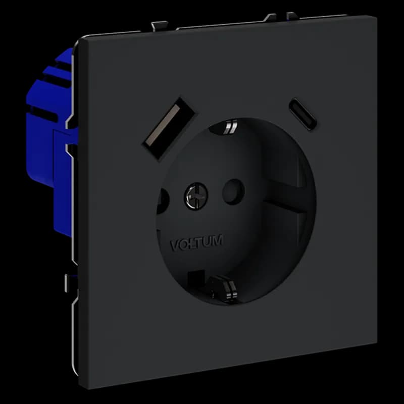 Розетка встраиваемая VOLTUM S70 с заземлением и защитными шторками, 16А, с USB, A+С, (графит)