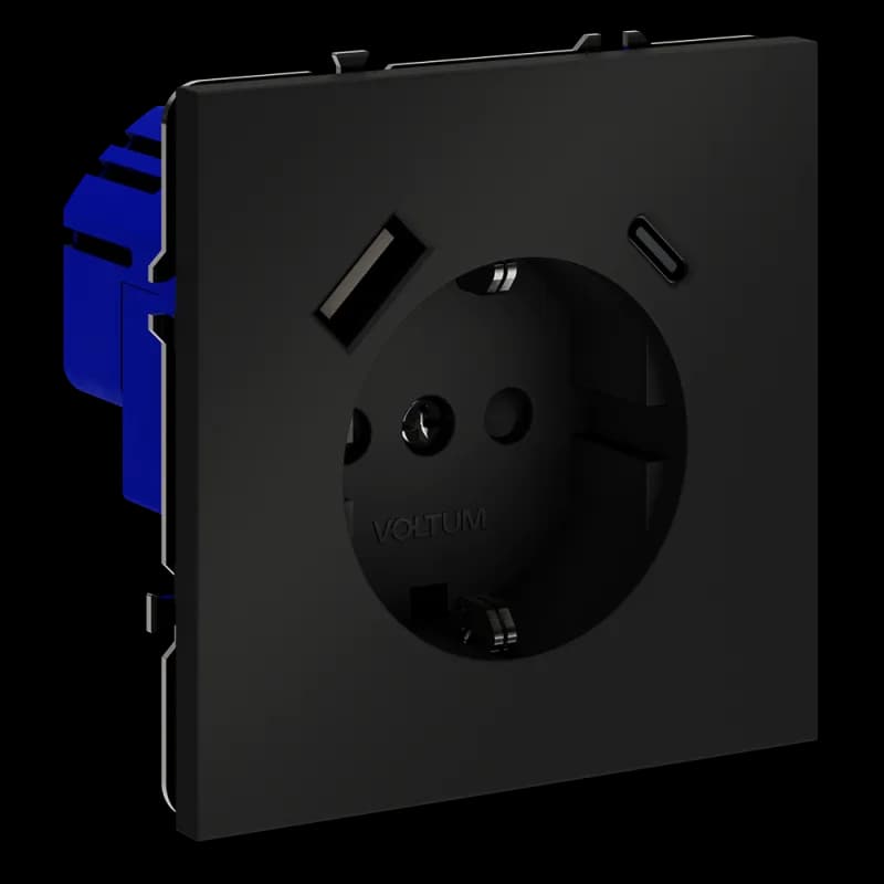 Розетка встраиваемая VOLTUM S70 с заземлением и защитными шторками, 16А, с USB, A+С, (черный матовый