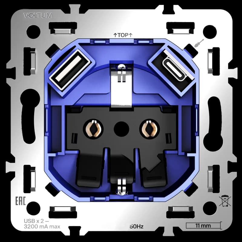 Механизм розетки с заземлением и защитными шторками 16А, с USB A+C, S70