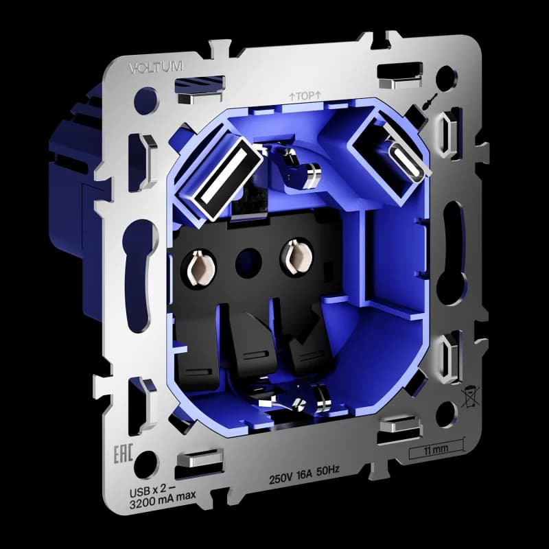 Механизм розетки с заземлением и защитными шторками 16А, с USB A+C, S70