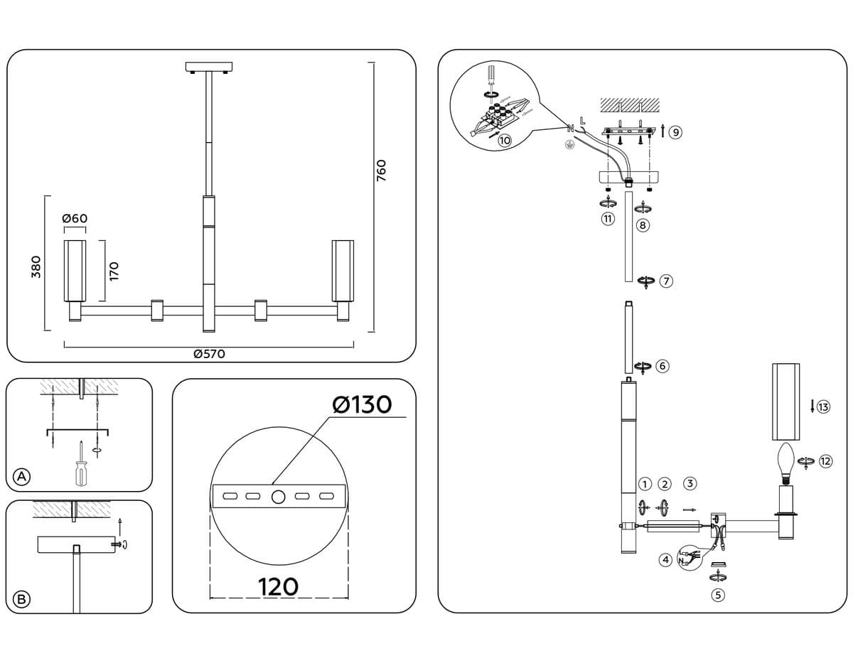 LH55501/6 SN/BK/CL сатин никель/черный/прозрачный E14*6 max 40W D570*760