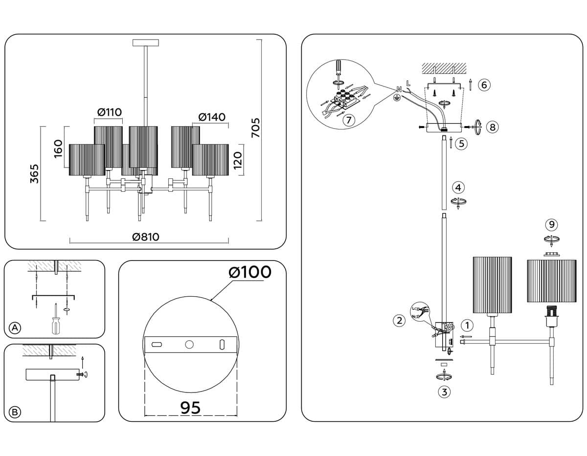 LH72383/8 BS/GR латунь/серый E14*8 max 40W D810*705