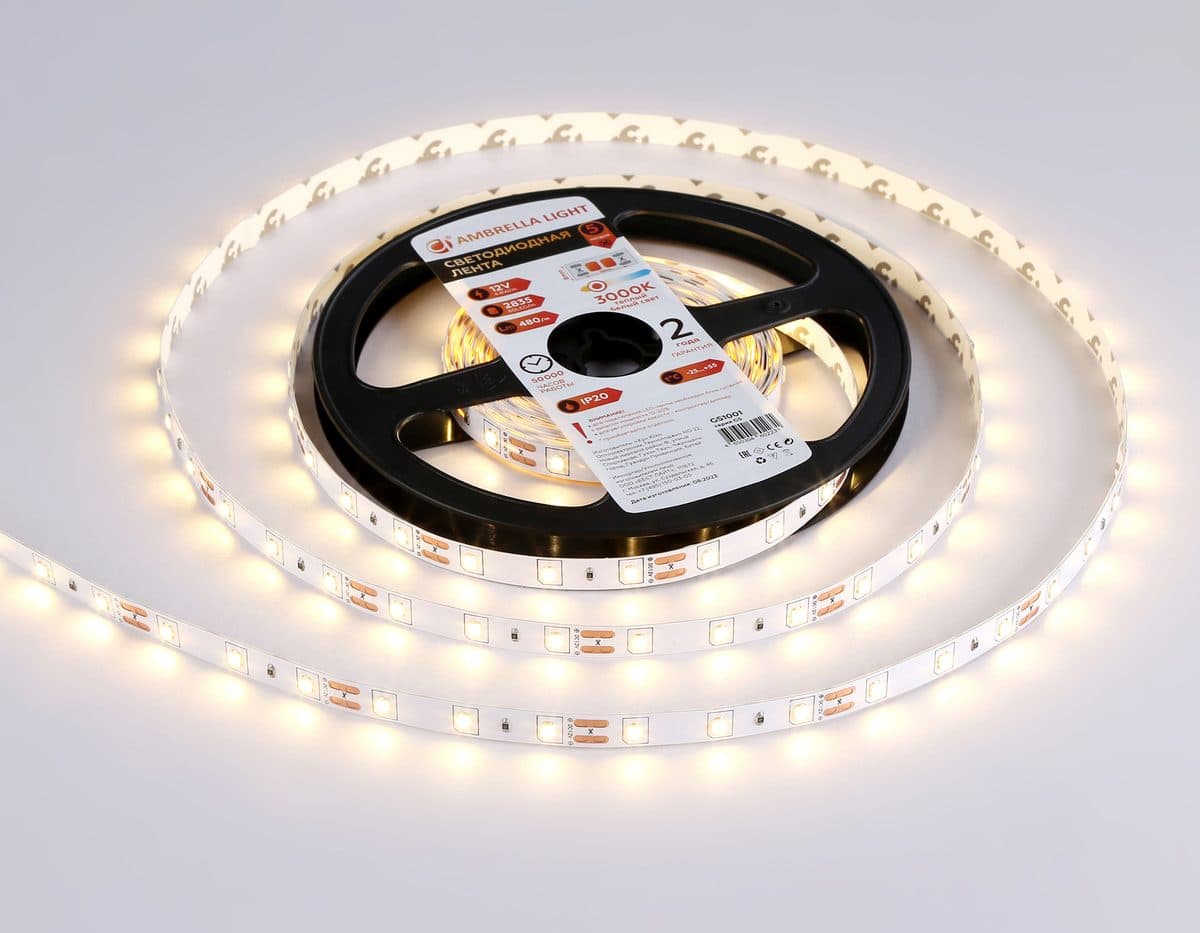 GS1001 2835 60Led/ 4.8W m/ 12V IP20 3000K/ 5000*8*1.2mm (2 конт.)