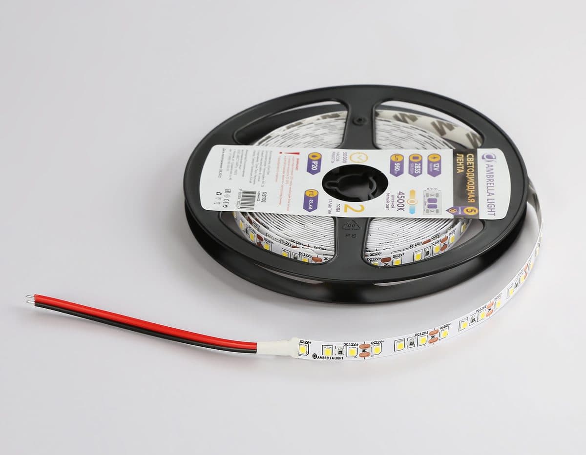 GS1102 2835 120Led/ 9.6W m/ 12V IP20 4500K/ 5000*8*1.2mm (2 конт.)
