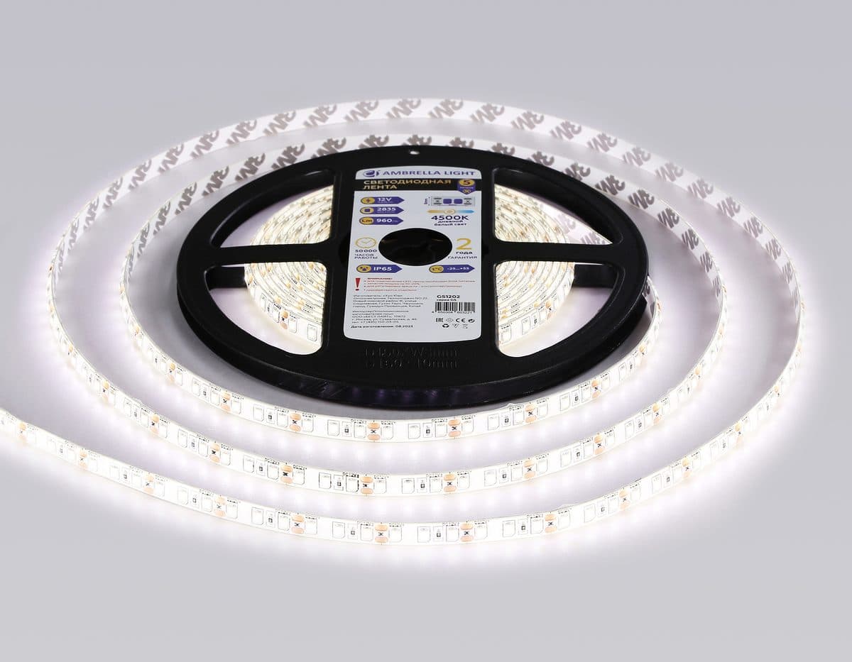 GS1202 2835 120Led/ 9.6W m/ 12V IP65 4500K/ 5000*8*2.27mm (2 конт.)
