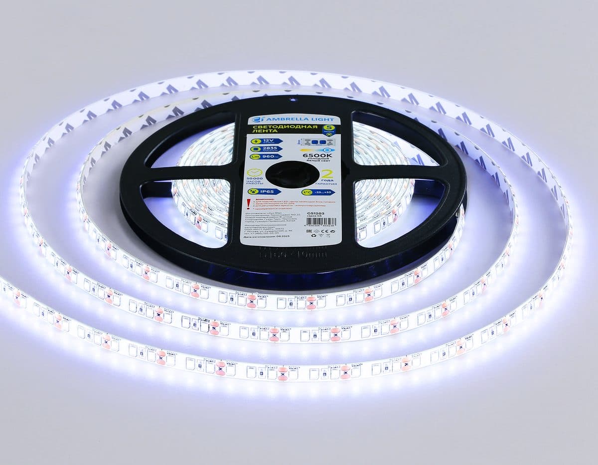 GS1203 2835 120Led/ 9.6W m/ 12V IP65 6500K/ 5000*8*2.27mm (2 конт.)