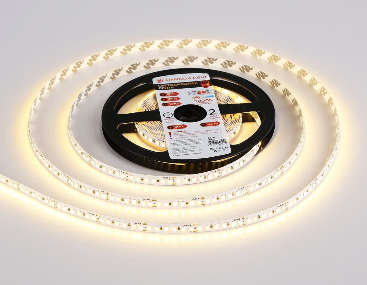 GS1301 2835 180Led/ 14.4W m/ 12V IP20 3000K/ 5000*8*1.2mm (2 конт.)