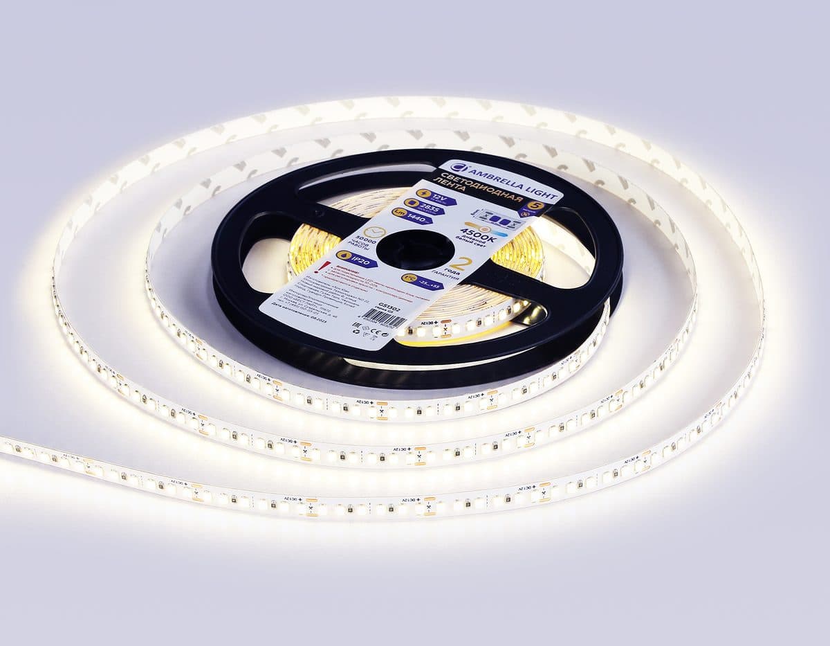 GS1302 2835 180Led/ 14.4W m/ 12V IP20 4500K/ 5000*8*1.2mm (2 конт.)