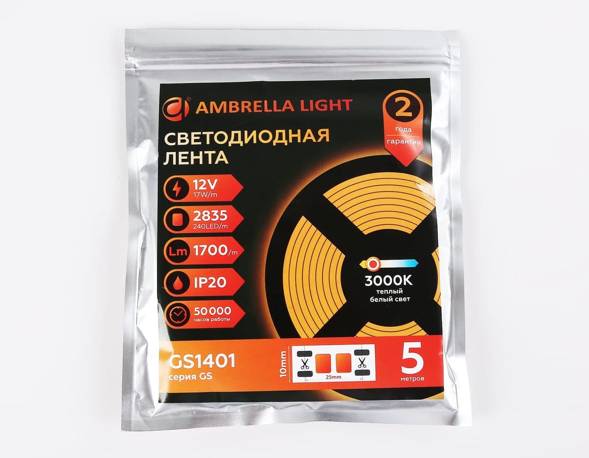 GS1401 2835 240Led/ 17W m/ 12V IP20 3000K/ 5000*10*1.2mm (2 конт.)