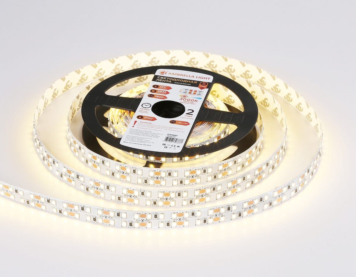 GS1601 2835 240Led/ 19.2W m/ 12V IP20 3000K/ 5000*14*1.2mm (2 конт.)