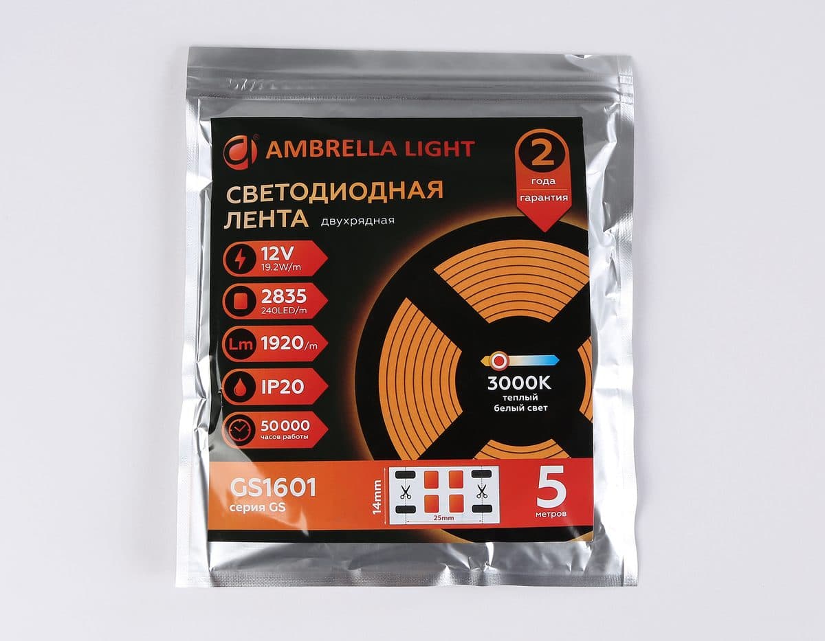 GS1601 2835 240Led/ 19.2W m/ 12V IP20 3000K/ 5000*14*1.2mm (2 конт.)