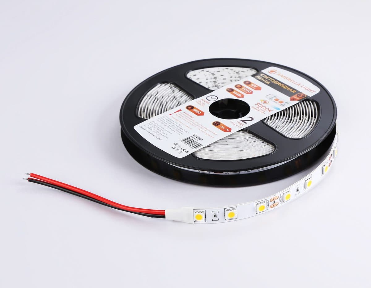 GS2001 5050 60Led/ 14.4W m/ 12V IP20 3000K/ 5000*10*1.87mm (2 конт.)