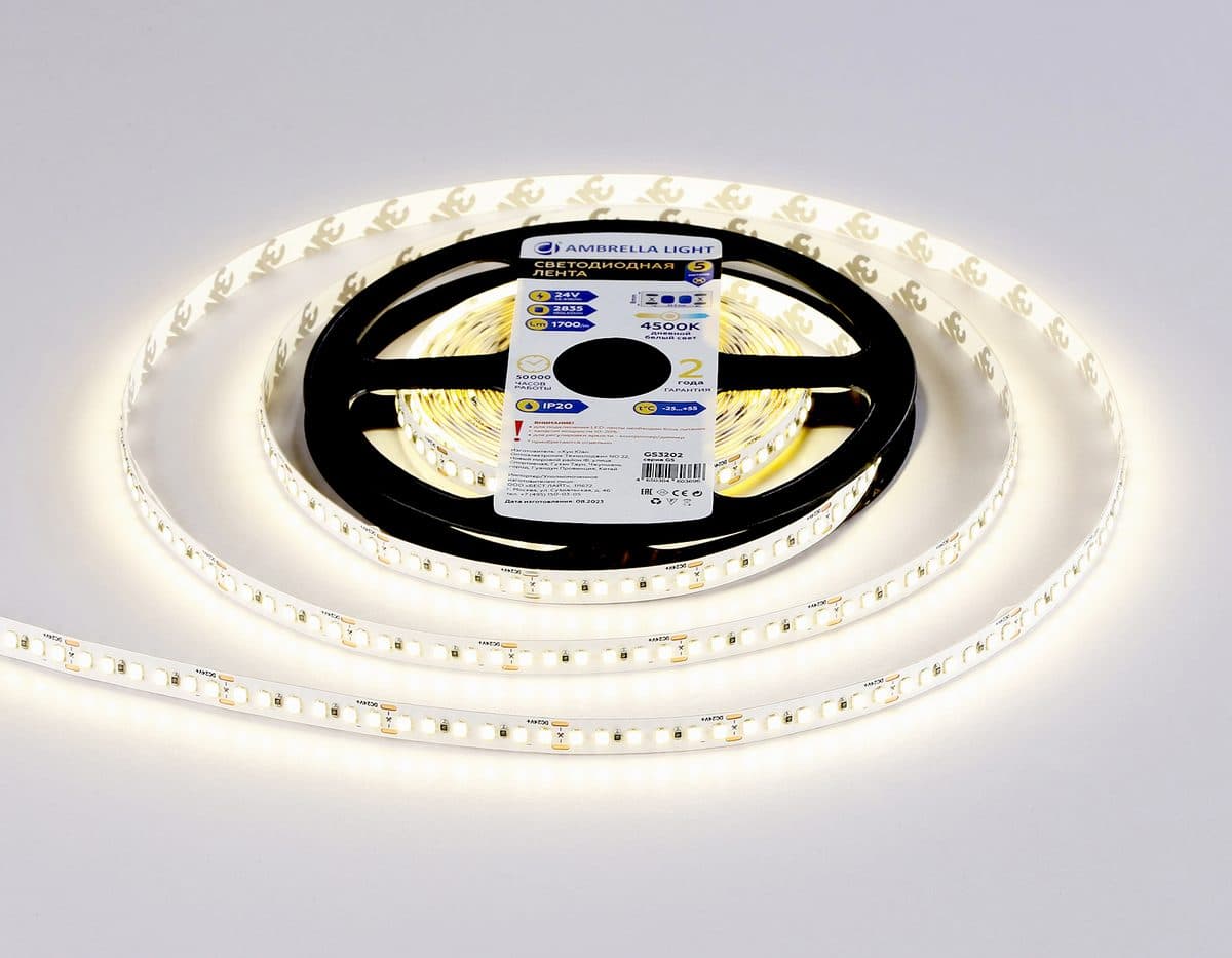 GS3202 2835 180Led/ 14.4W m/ 24V IP20 4500K/ 5000*8*1.2mm (2 конт.)