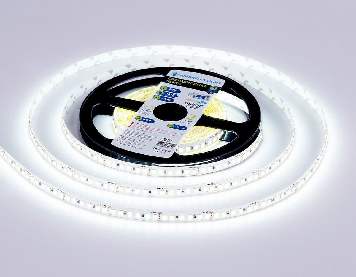 GS3203 2835 180Led/ 14.4W m/ 24V IP20 6500K/ 5000*8*1.2mm (2 конт.)