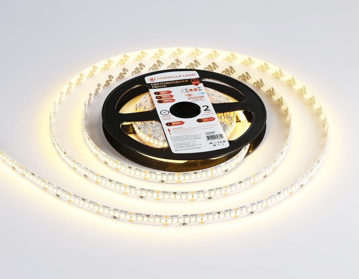 GS3301 2835 240Led/ 18W m/ 24V IP20 3000K/ 5000*10*1.2mm (2 конт.)