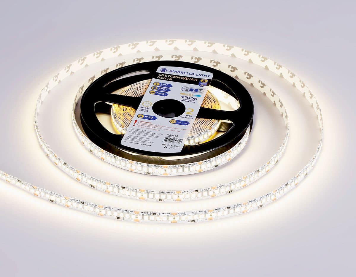GS3302 2835 240Led/ 18W m/ 24V IP20 4500K/ 5000*10*1.2mm (2 конт.)