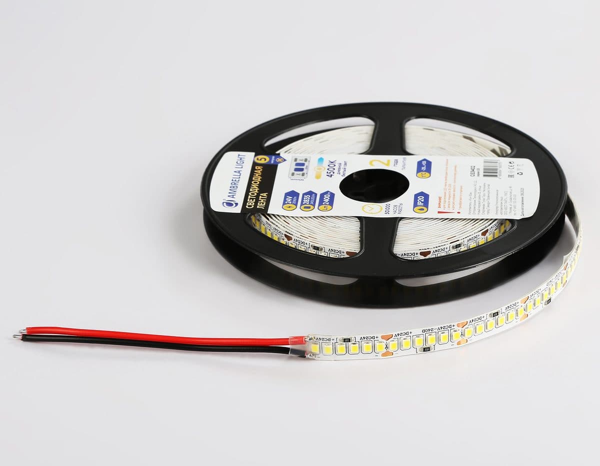 GS3402 2835 240Led/ 20W m/ 24V IP20 4500K/ 5000*10*1.2mm (2 конт.)
