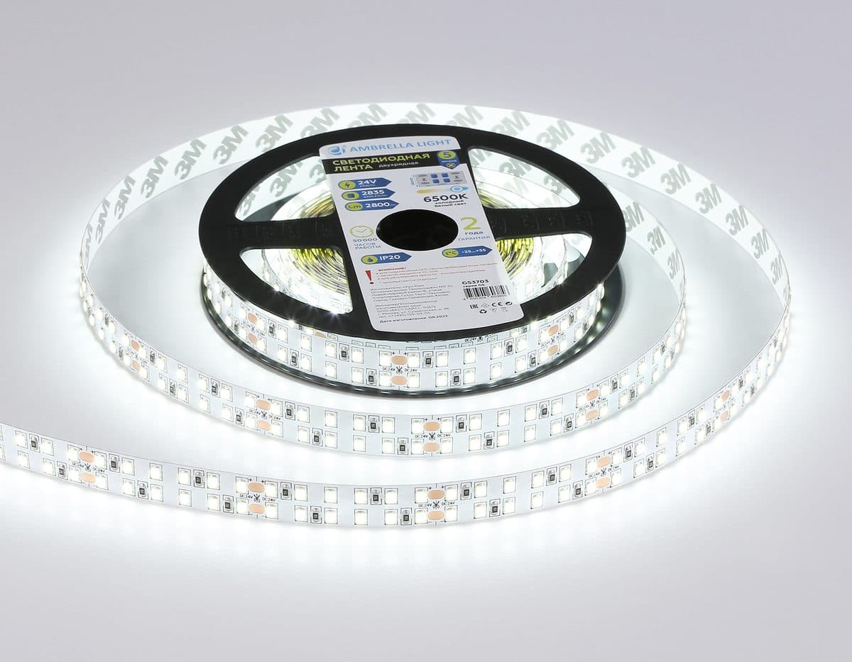 GS3703 2835 240Led /24W m/ 24V IP20 6500K/ 5000*14*1.2mm (2 конт.)