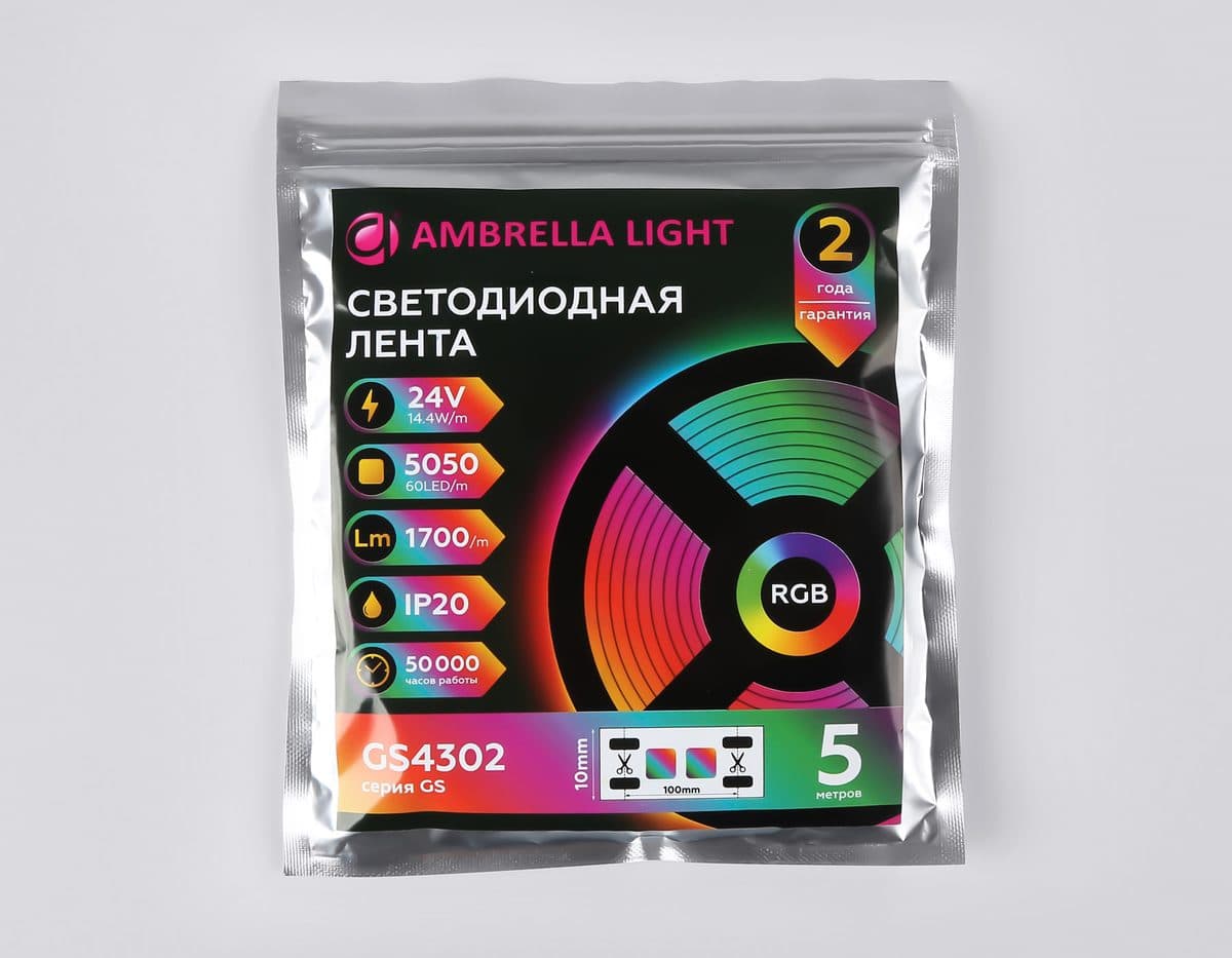 GS4302 5050 60Led/ 14.4W m/ 24V IP20 RGB/ 5000*10*1.87mm (4 конт.)