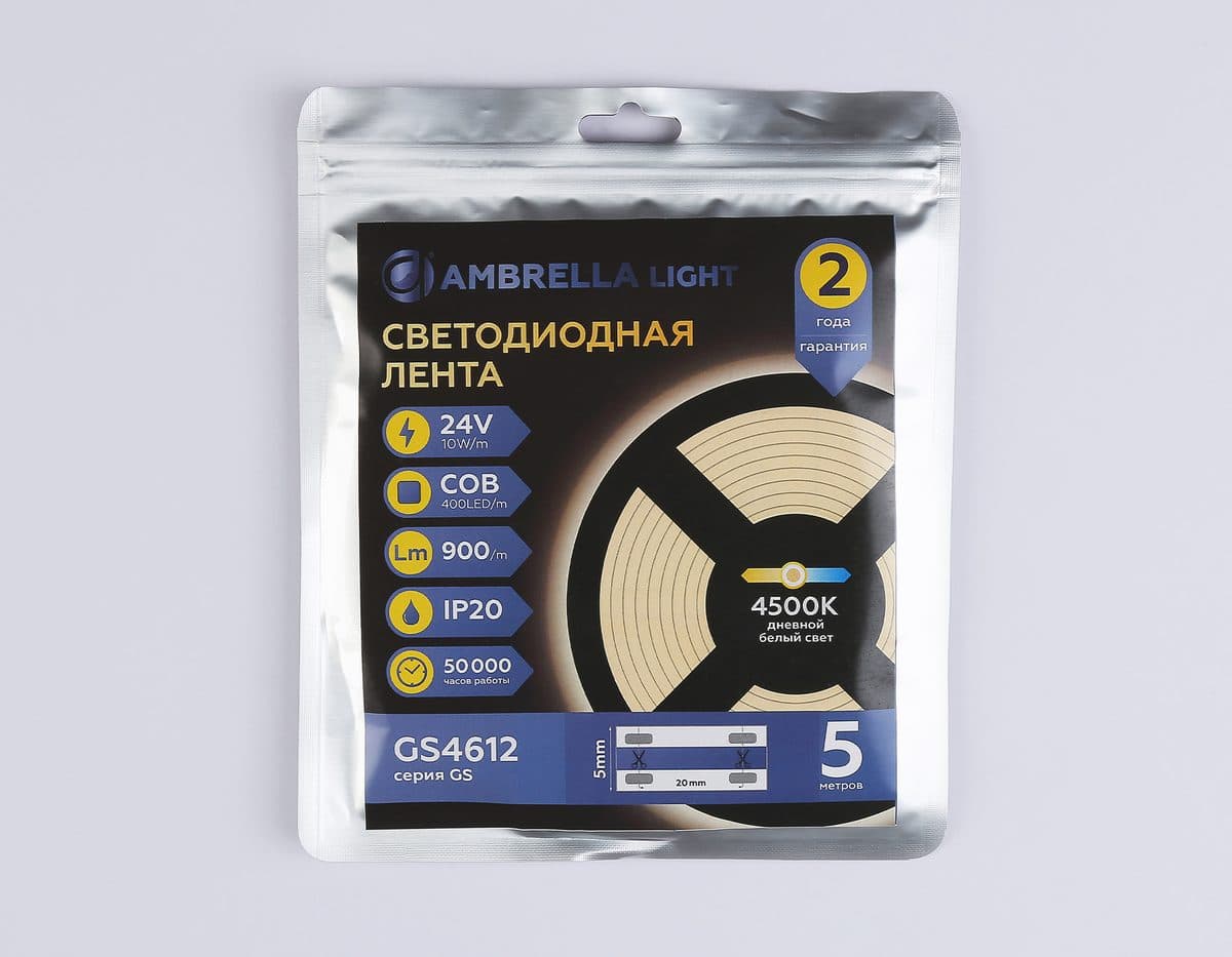 GS4612 COB 400Led/10W m/ 24V IP20 4500K/ 5m*5mm*2.1mm (2 конт.)