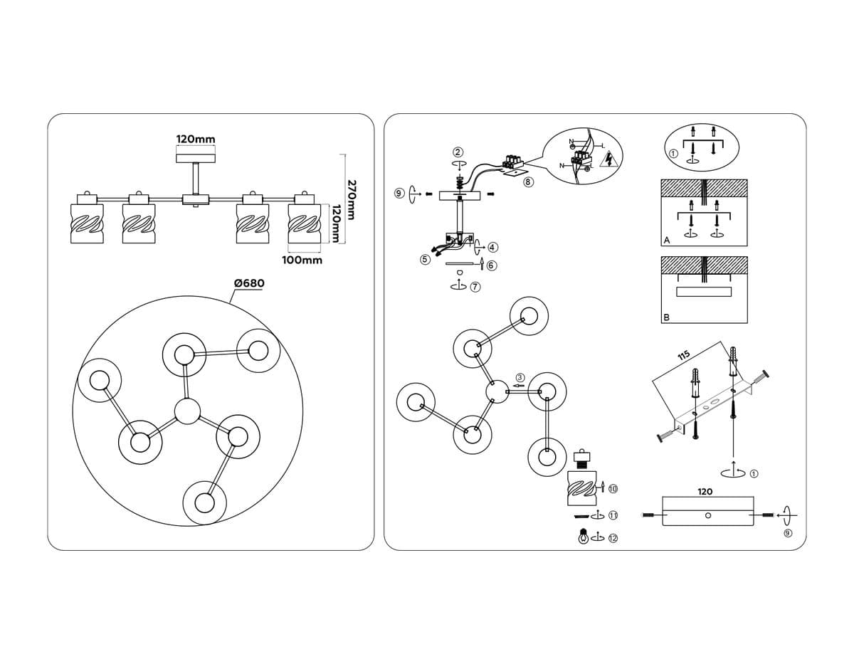 TR303325/6 BK/GD черный/золото E27/6 max 60W D680*270