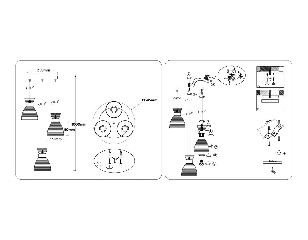 TR3408/3 BK/FGD/SM черный/золото/дымчатый E27/3 max 60W D345*1000