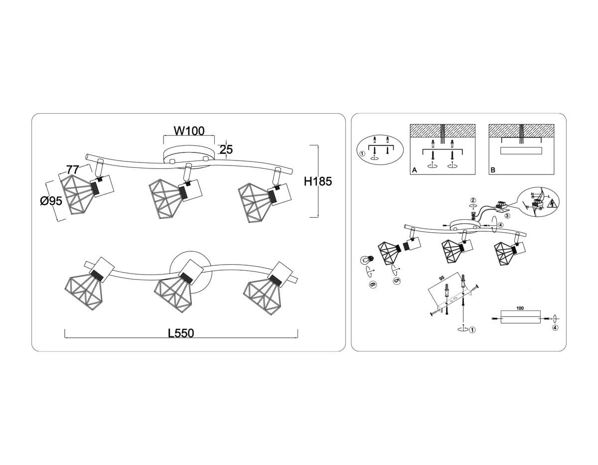 TR8657/3 BK/GD черный/золото E14/3 max 60W 550*100*185