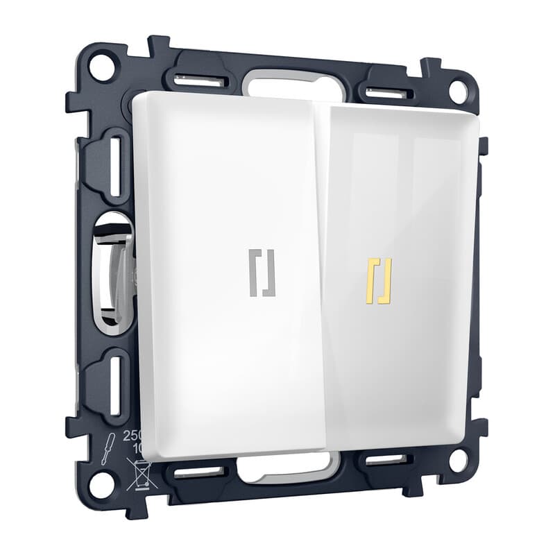 Комплект механизма 2-кл выключателя с самовозвратом с подсветкой 3200K ALFA Белый глянец QUANT (AP1040, VM129, G11Y)