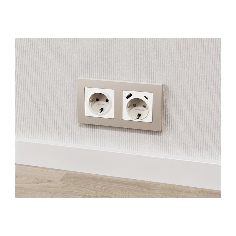 Комплект механизма электрической розетки ALFA Белый глянец с/з с шторками QUANT (AP1070, VM141)