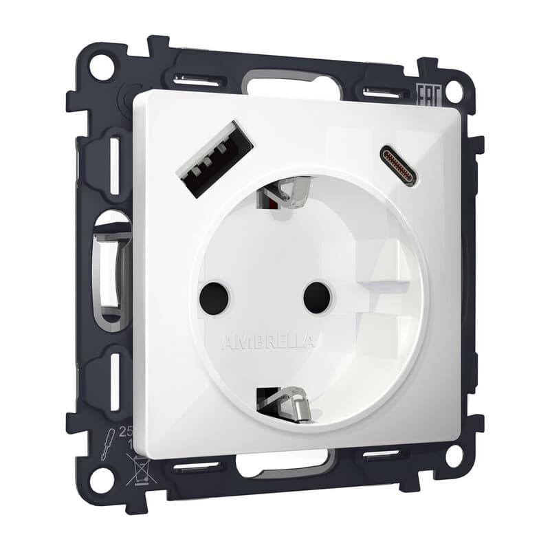 Комплект механизма электрической розетки ALFA Белый глянец 2USB A+C 20W (быстрая зарядка) с/з QUANT (AP1100, VM160)