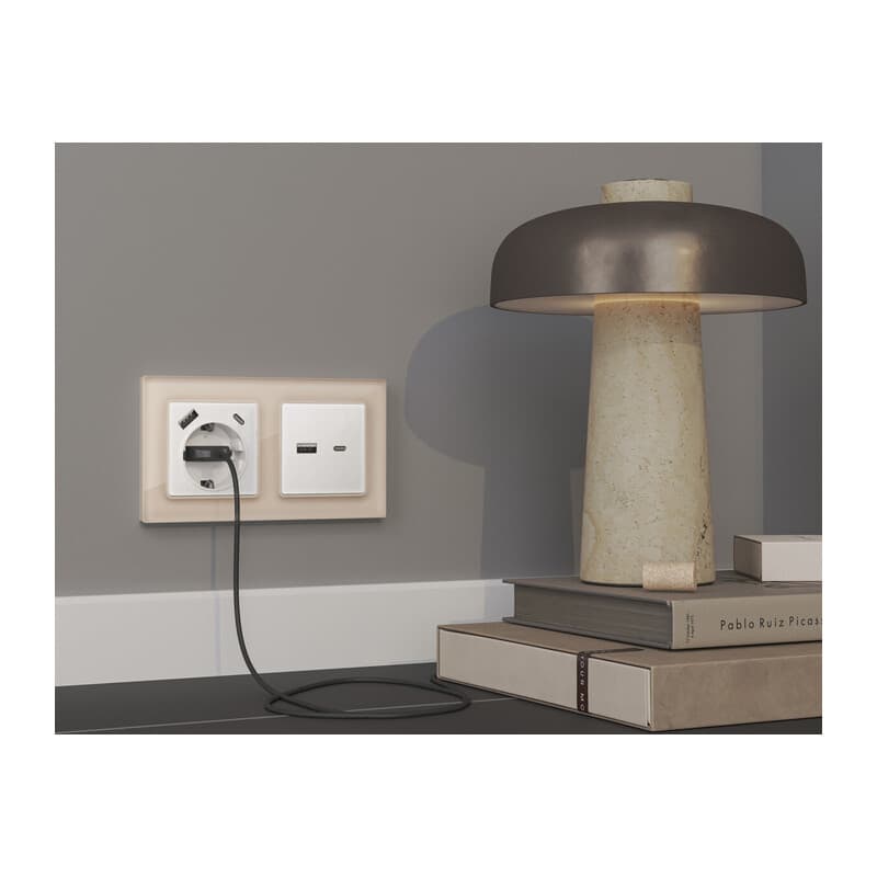 Комплект механизма электрической розетки ALFA Белый глянец 2USB A+C 20W (быстрая зарядка) с/з QUANT (AP1100, VM160)