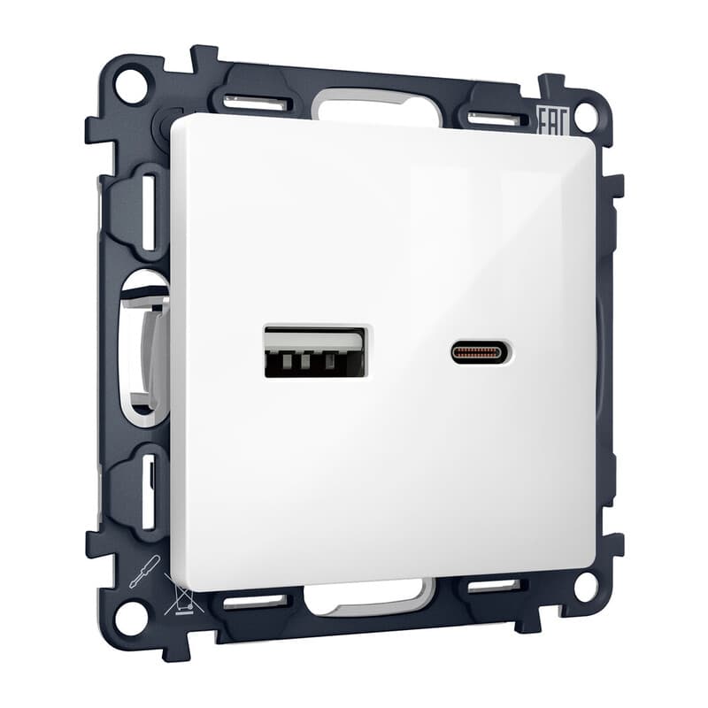 Комплект механизма розетки ALFA Белый глянец 2USB A+C 20W (быстрая зарядка) QUANT