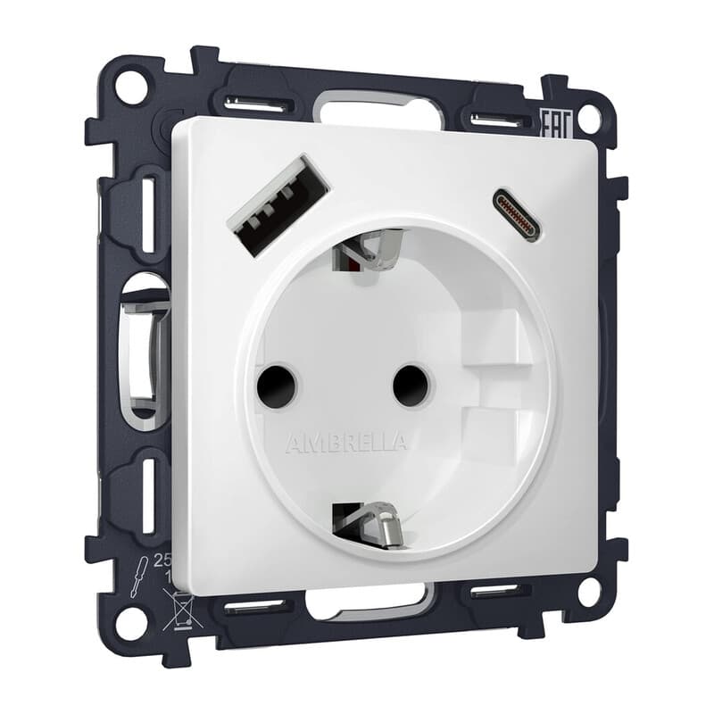 Комплект механизма электрической розетки ALFA Белый матовый 2USB A+C 20W (быстрая зарядка) с/з QUANT (AP1300, VM160)