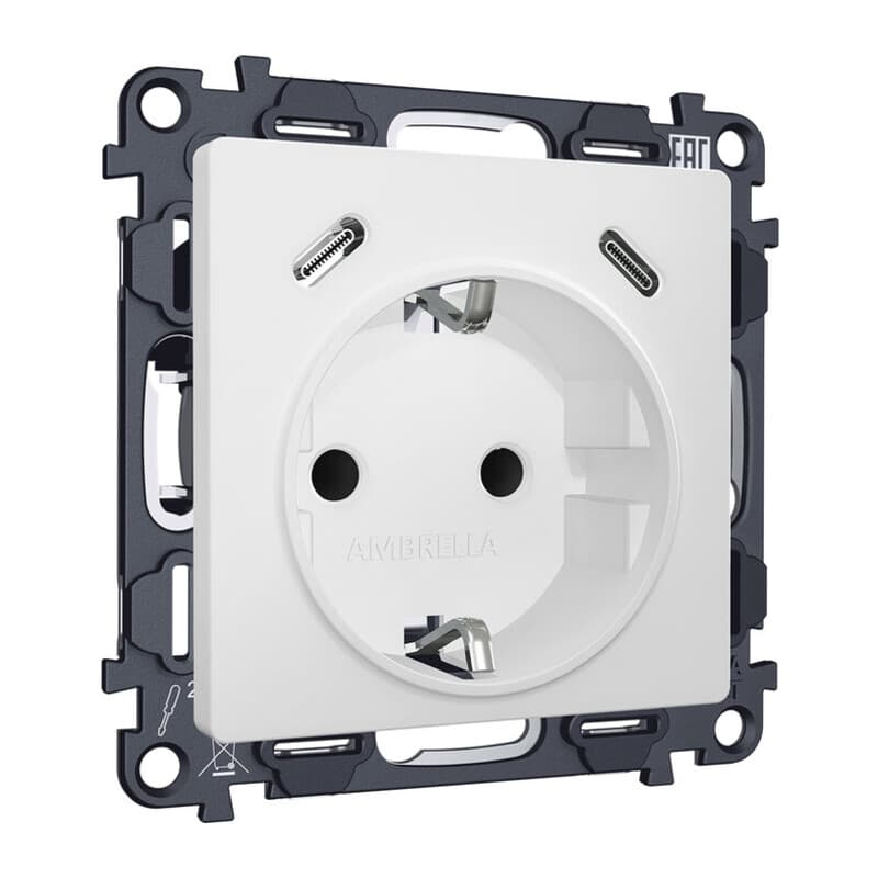 Комплект механизма электрической розетки 2USB С+C 20W с/з на винтовых зажимах 16A-250V ALFA Белый матовый QUANT (AP1305, VM165)