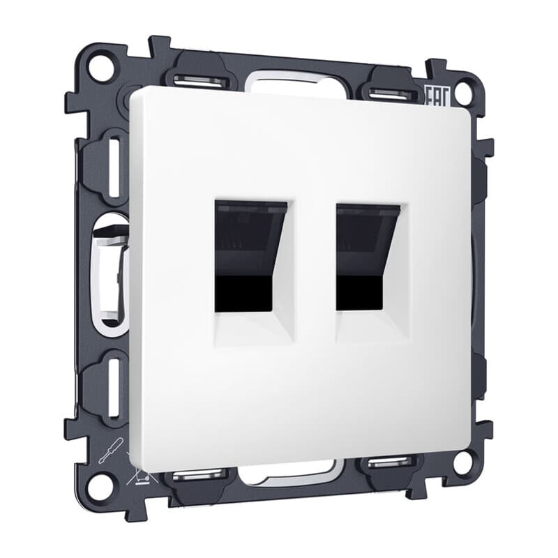 Комплект механизма компьютерной двойной розетки RJ-45 с автоматической защитной шторкой ALFA Белый матовый QUANT (AP1321, VM189)