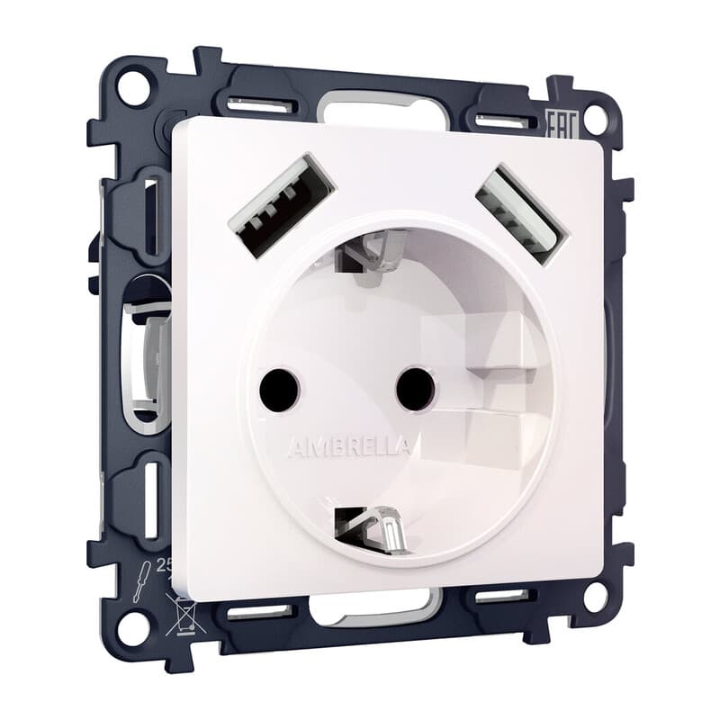 Комплект механизма электрической розетки ALFA Жемчуг 2USB A+A 18W (быстрая зарядка) с/з QUANT (AP2090, VM155)