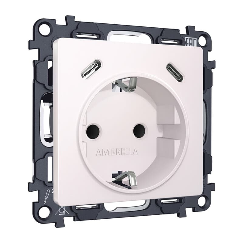 Комплект механизма электрической розетки 2USB С+C 20W (быстрая зарядка) с/з на винтовых зажимах 16A-250V ALFA Жемчуг QUANT (AP2105, VM165)