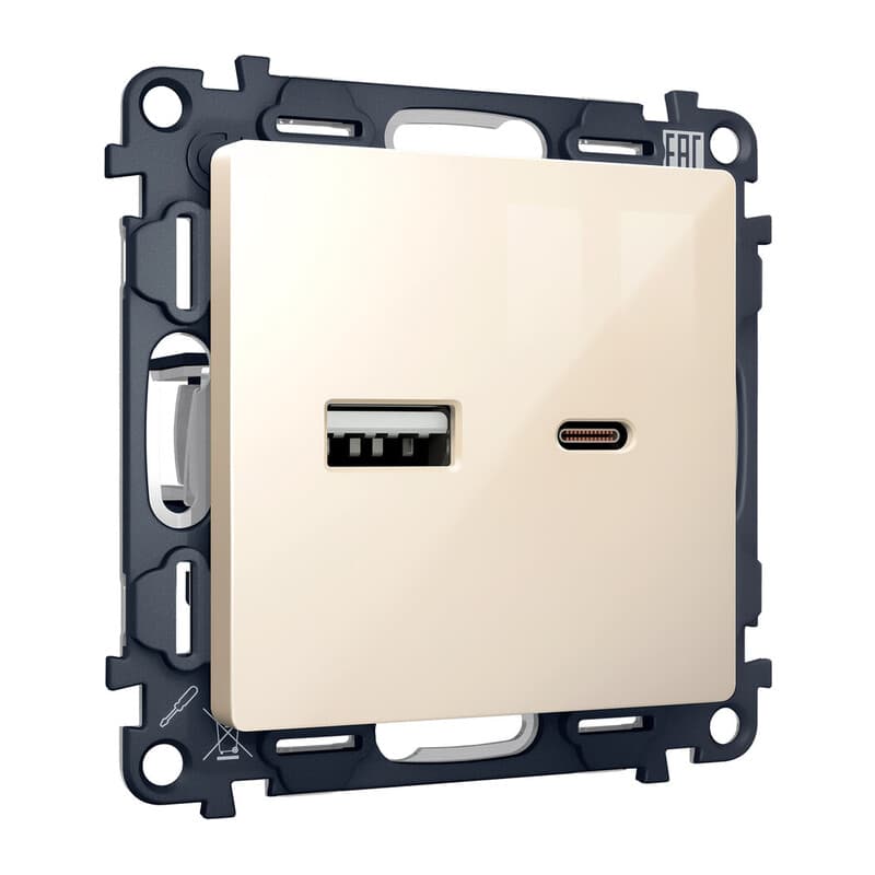 Комплект механизма розетки ALFA Бежевый глянец 2USB A+C 20W (быстрая зарядка) QUANT (AP3110, VM177)