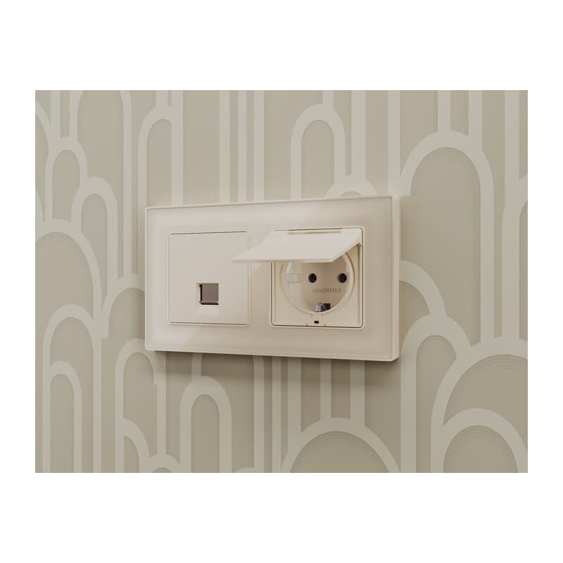 Комплект механизма электрической розетки ALFA Бежевый матовый с/з с шторками и крышкой IP44 QUANT (AP3280, VM141)