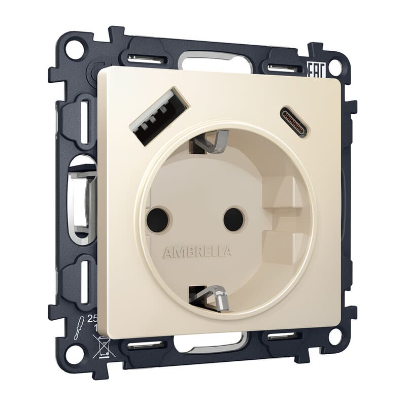 Комплект механизма электрической розетки ALFA Бежевый матовый 2USB A+C 20W (быстрая зарядка) с/з QUANT (AP3300, VM160)