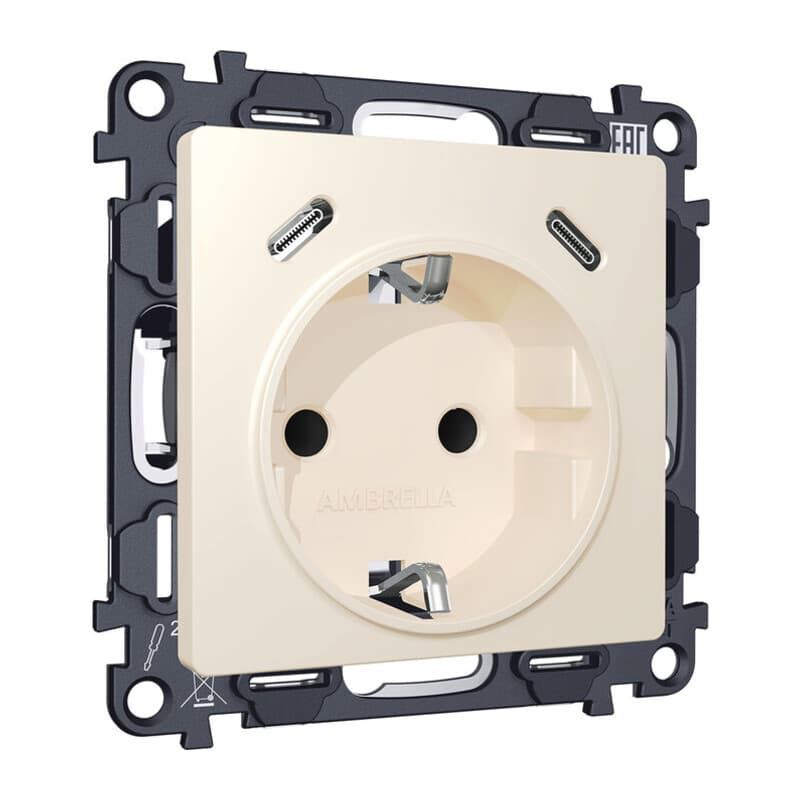 Комплект механизма электрической розетки 2USB С+C 20W с/з на винтовых зажимах 16A-250V ALFA Бежевый матовый QUANT (AP3305, VM165)