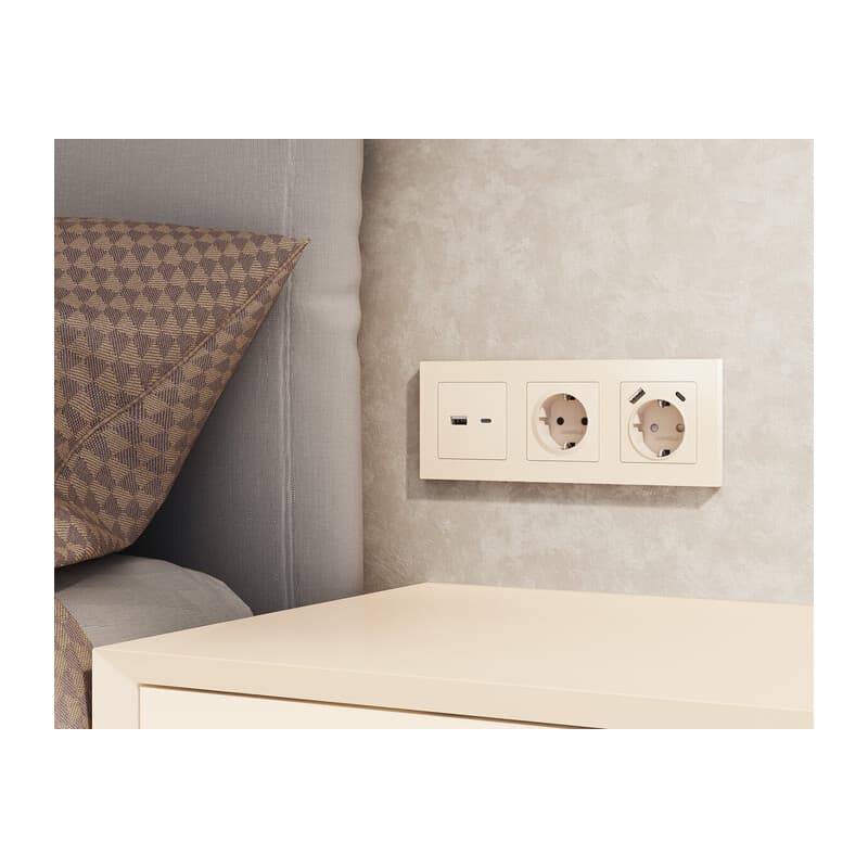 Комплект механизма розетки ALFA Бежевый матовый 2USB A+C 20W (быстрая зарядка) QUANT (AP3310, VM177)