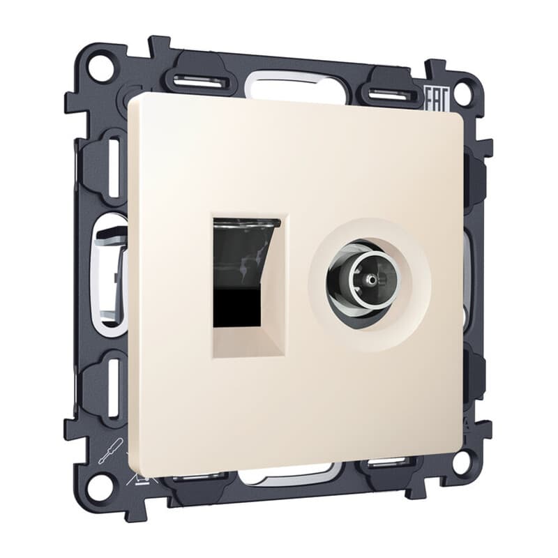 Комплект механизма розетки компьютерной + TV оконечной RJ-45 с автоматической защитной шторкой ALFA Бежевый матовый QUANT (AP3325, VM195)