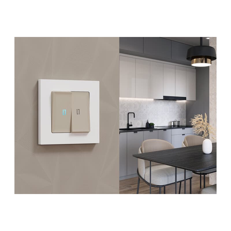 Комплект механизма 2-кл выключателя с самовозвратом с подсветкой 10000K ALFA Серо-бежевый матовый QUANT (AP3640, VM129, G17B)