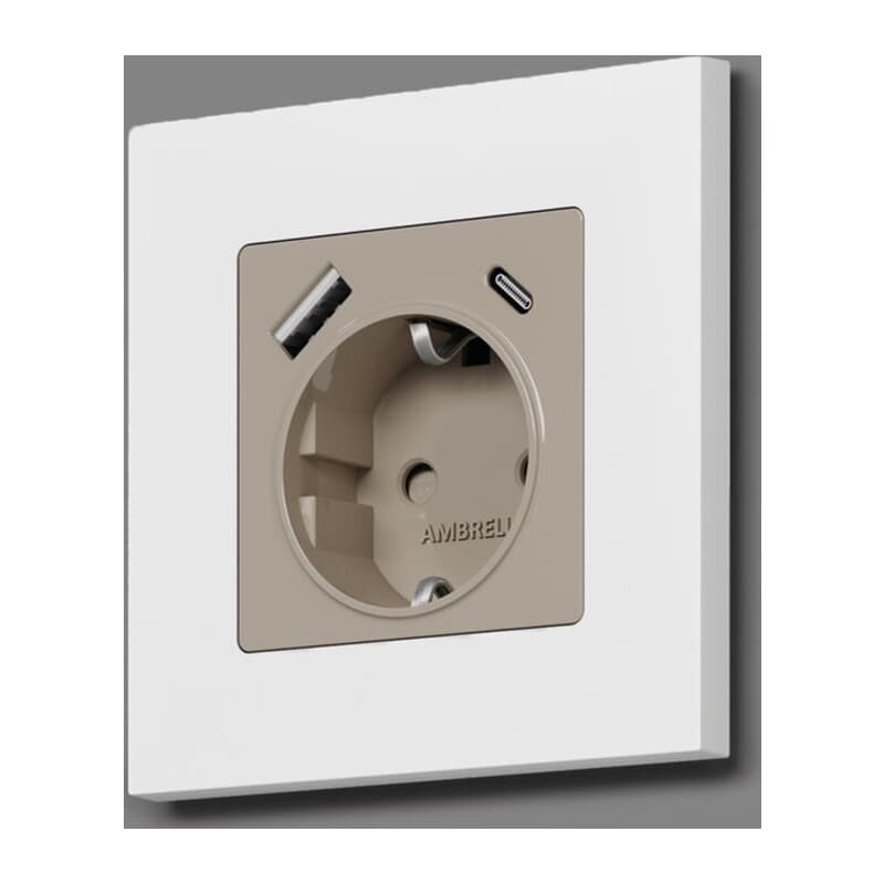 Комплект механизма электрической розетки ALFA Серо-бежевый матовый 2USB A+C 20W (быстрая зарядка) с/з QUANT (AP3700, VM160)