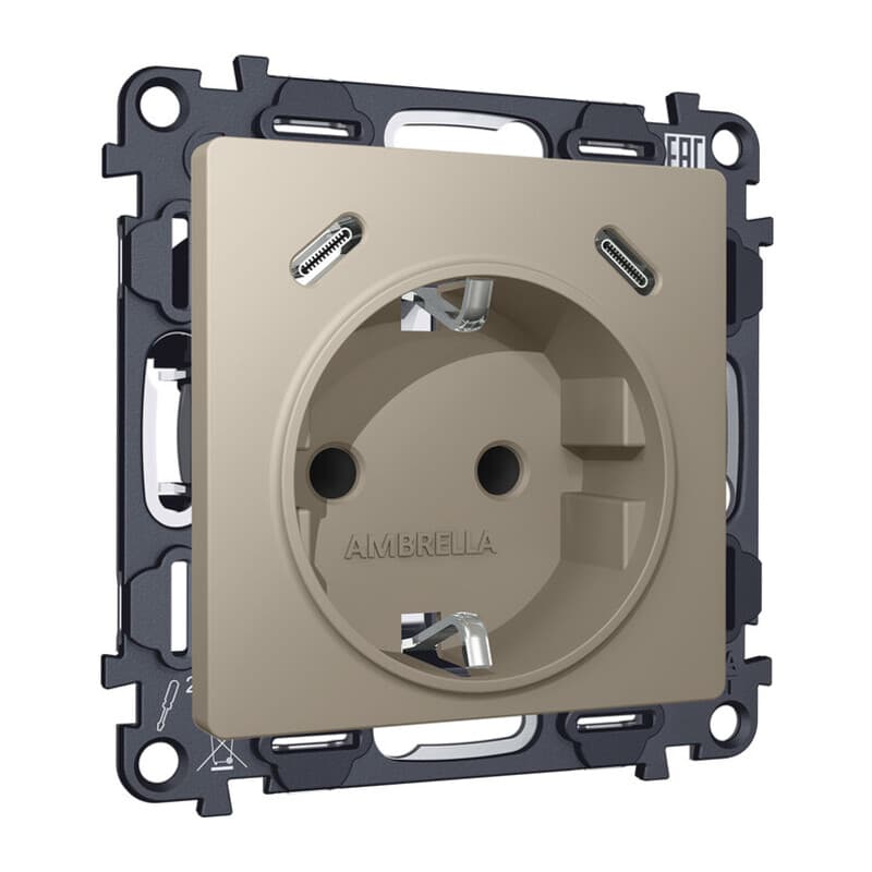 Комплект механизма электрической розетки 2USB С+C 20W с/з на винтовых зажимах 16A-250V ALFA Серо-бежевый матовый QUANT (AP3705, VM165)