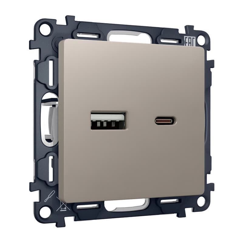 Комплект механизма розетки ALFA Серо-бежевый матовый 2USB A+C 20W (быстрая зарядка) QUANT (AP3710, VM177)
