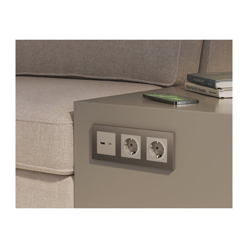 Комплект механизма розетки ALFA Серо-бежевый матовый 2USB A+C 20W (быстрая зарядка) QUANT (AP3710, VM177)