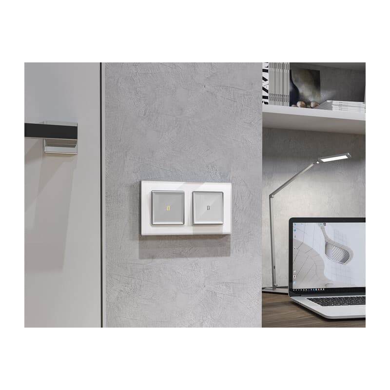 Комплект механизма 1-кл выключателя с самовозвратом с подсветкой 3200K ALFA Серебро глянец QUANT (AP4020, VM113, G11Y)